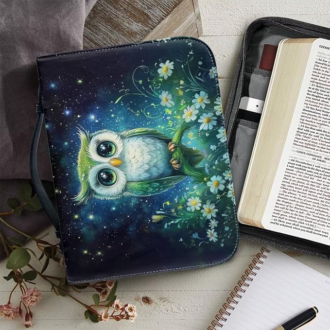Galaxy Night Owl Bible Cover Bags Floral Pattern with Handle Bible Cover Carrier Carrying Organizer Bag Church Bag for Women Girls-Size M