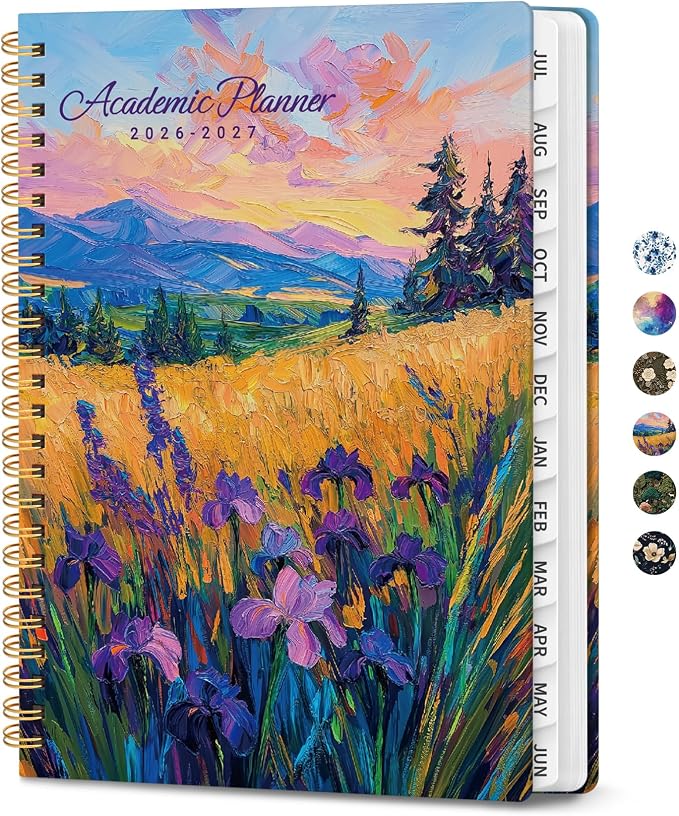 Planner 2026–2027, Academic Planner Weekly and Monthly Calendar Jul 2026 – Jun 2027 Hardcover Planner with Tabs and Pocket, Spiral Bound Agenda Book for Student & Teacher, 6.3" x 8.5", Golden Meadow