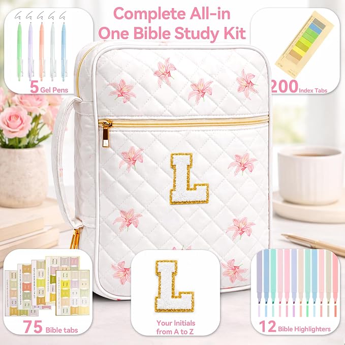 Bible Bag for Women, Bible Cover Case with Study Supplies, Initials Personalized Quilted Bible Bag, Large Chenille Bible Cover – Christian Gift for Girls (Pink Lilies-L)