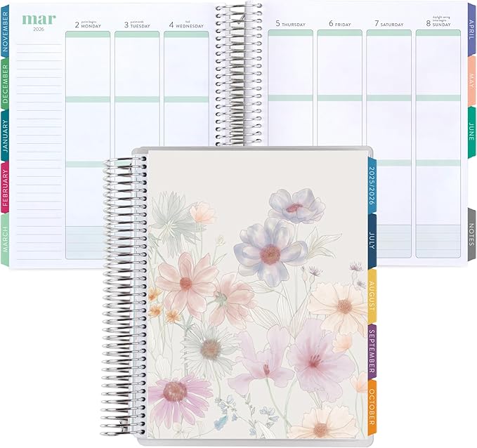 Erin Condren 12-Month Spiral Life Planner (Jul 2025 - Jun 2026), 7”x9” Weekly and Monthly Planner Calendar, 80 Lb. Text Weight Paper, Wildflowers Covers, Hexagon Theme, Vertical Layout, Platinum Coil