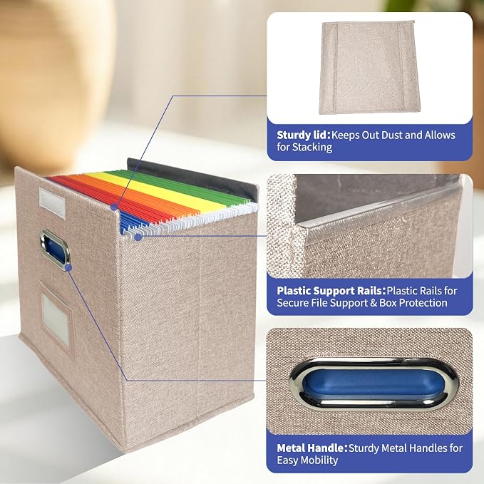 4 Pack Hanging File Folder Box with Lid, Durable Letter Size Filing Storage Box, Sturdy File Holder with Cardboard Support PVC Rails for Office Home Organizer, Beige