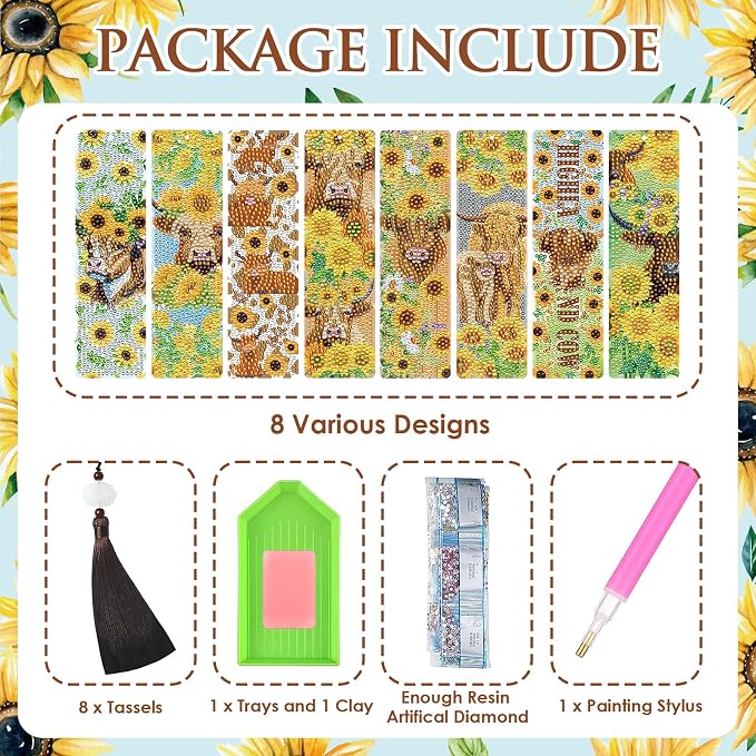Diamond Painting Bookmarks Set - 8PCS Highland Cow 5D Diamond Art Bookmarks Kit with Tassel Sunflower Bookmarks Set for Highland Cow Lover Office Useful Project DIY Crafts Gifts Teacher