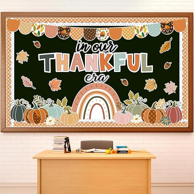 Thanksgiving Pumpkin Bulletin Board Decorations Fall Classroom Decors Leaves Pumpkin Rainbow Paper Thankful Cutouts for Class School Autumn Harvest Chalkboard Wall Decor Supplies