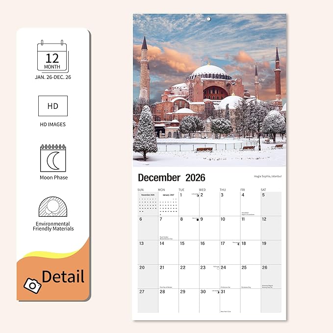 2026 Wall Calendar Türkiye Planner Calendar, Hangable Monthly Wall Calendar with Large Blocks for Organizing & Planning, Academic Schedule, Home, Office & family, Thick & Sturdy Paper (12"x24" Open)