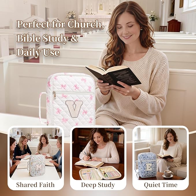 Personalized Initial Bible Cover Case for Women – Large Quilted Bible Bag with Handle, Chenille Letter, Bible Study Kit, Christian Gift for Mom, Grandma & Daughter (Pink Bow-V)