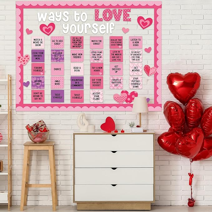 Valentines Day Bulletin Board Decoration Ways to Love Yourself Cutouts Valentines Classroom Bulletin Board Positive Affirmation Station Supplies Pink Love Cut Outs for School Classroom Wall Decor