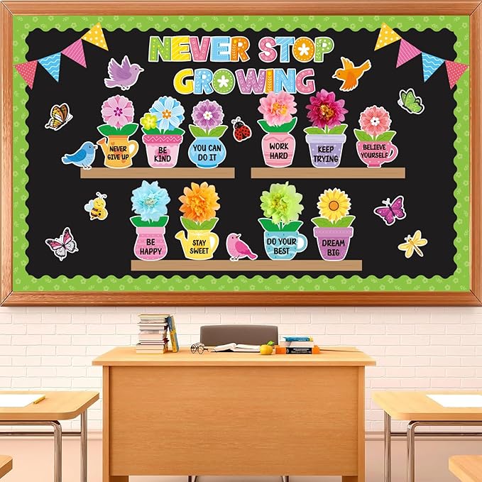 75 Pcs Spring Flower Bulletin Board Decorations Set 3D Flower Flowerpot Cutouts Decor Never Stop Growing Inspirational Bulletin Board Decoration for Classroom School Office Chalkboard Door Party Decor