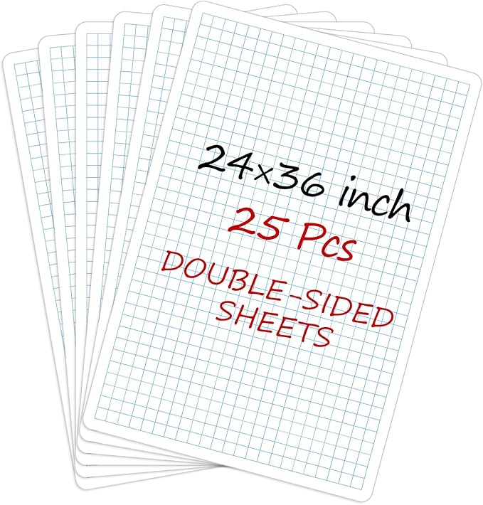 Lincia 25 Sheets Double-Sided Dry-Erase Poster Board Sheets: 1" Grid, 24" x 36" Large Whiteboard Paper Rollable for Classroom, Teachers, Office Presentations