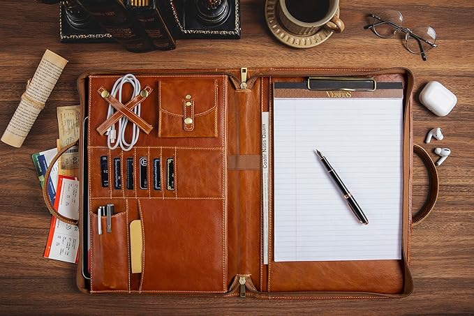 Oil Wax Leather Portfolio, Padfolio Organizer with Handle, Personalized Padfolio，Padfolio With Zipper for Men Women，Suitable for 15-inch Laptop Legal Pad Padfolio, Brown