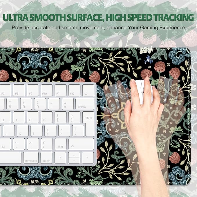 Desk Mat for Keyboard and Mouse, Large Non-Slip Mouse Pad Keyboard Pad, Computer Mats for Desktop, Desk Pad with Stitched Edges for Office, Gaming I Gothic Floral Morris Style