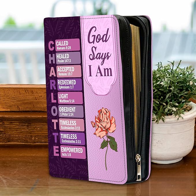Personalized Man of God Bible Cover, God Says I Am Bible Case PU Leather, Bible Holder Handle Zipper, Faith Scripture with Name Case Bag, Religious Gifts for Church Christians Women Men (GOD-05)