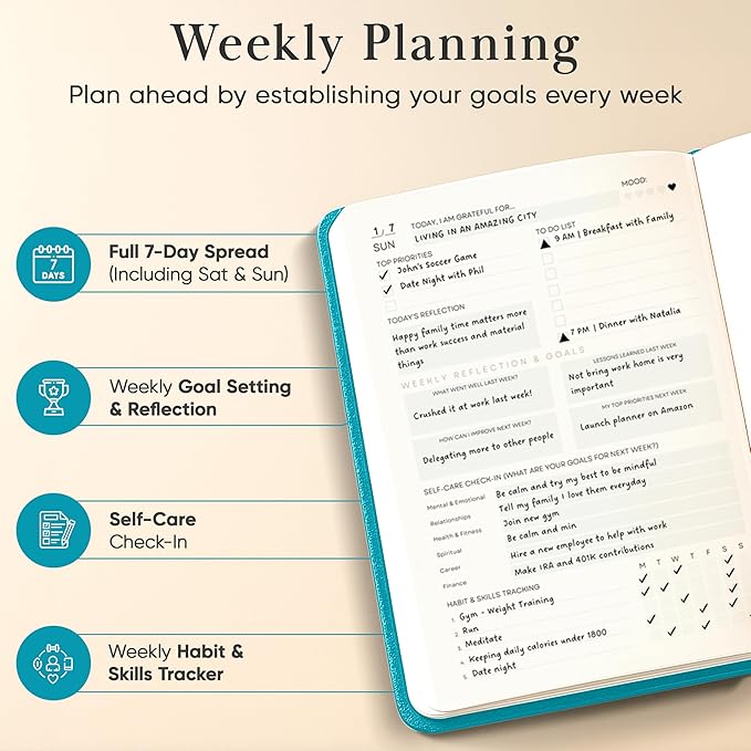 2026 Planner, Daily Journal & Gratitude Journal All-In-One with To Do List, Self Care Prompts & Habit Tracker - 5.8 x 8.3 - Teal