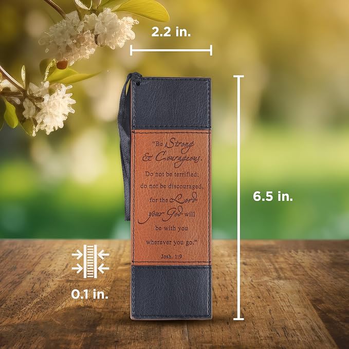Christian Art Gifts Vegan Faux Leather Scripture Bookmark for Men: Strong and Courageous - Joshua 1:9 Inspirational Bible Verse, Heat-Debossed, Faith-Based Reading Accessory with Tassel, Black & Tan