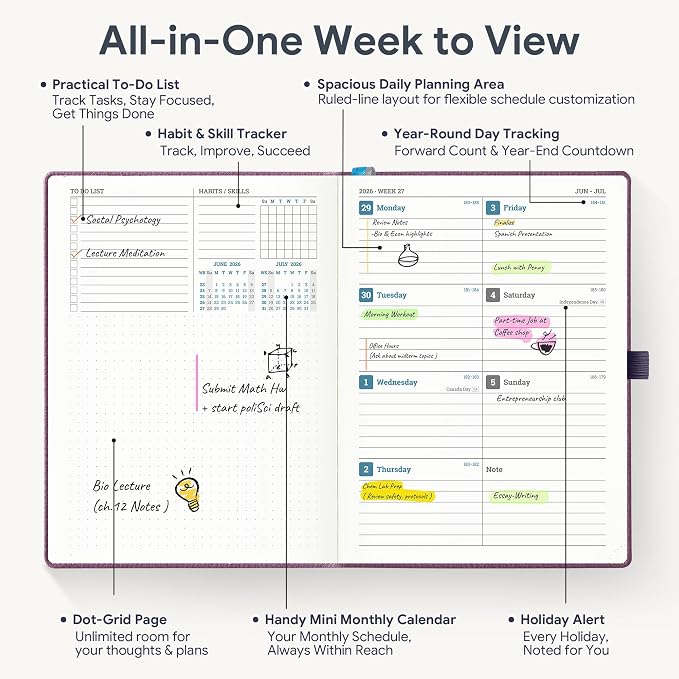 Weekly Planner 2026-2027 A5 (6.5" x 8.5") 12 Months (Jul'26 - Jun'27) Weekly & Monthly Planner with Month Tabs & Inner Pocket, Expenses/Note Pages, PU Leather Purple