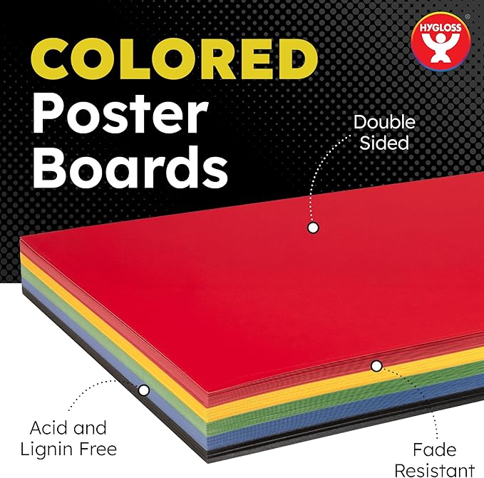 Hygloss Medium Colored Poster Board 11x14-25 Assorted Standard Color Bulk Pack - Red, Yellow, Green, Blue, Black - 10 Pt. Thickness Poster Board Paper, Posterboard Multipack 11" x 14"