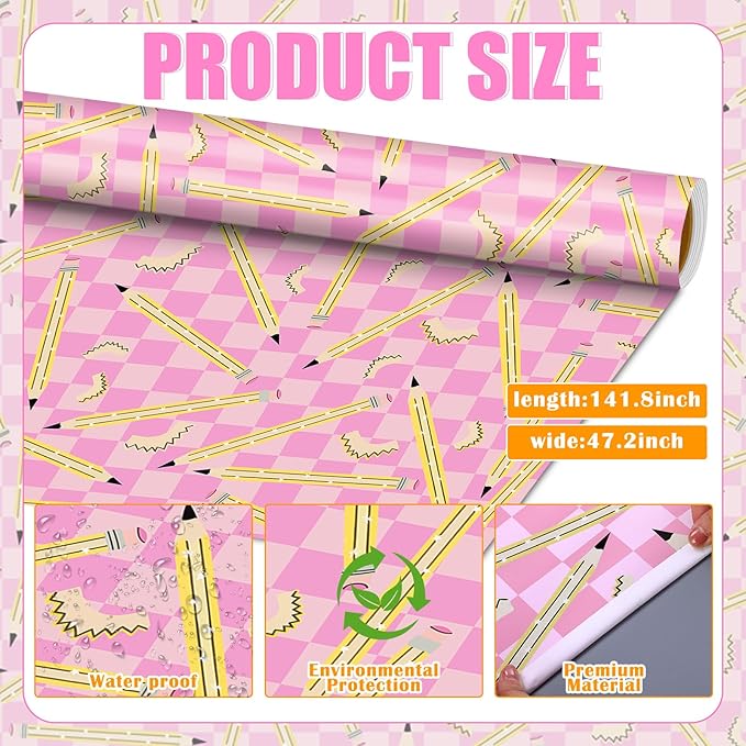 Ctosree 2 Roll Pink Checker Pencils Bulletin Board Paper 4x12ft/1.2x3.6m Non Woven Bulletin Background Wallpaper Fade Resistant Board Roll Decoration for Arts Crafts Office School Classroom(Pink)