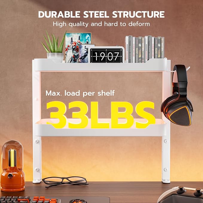 ARES WING 2-Tier Clamp On Desk Shelf, 16 inch Adjustable Above or Under Desk Storage Shelves Holds 66 lbs, Heavy Duty Desktop Organizer with Headphone Holder for Working and Gaming Accessories, White
