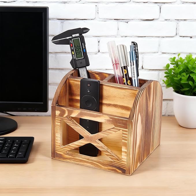 1Pcs Rustic Wood Office Desk Organizer, Vintage Remote Control Holder 6.3x5.94inch Wooden Office Supplies Holder 3 Slot Tabletop Desktop Organizer Box for Living Room(BurlyWood)