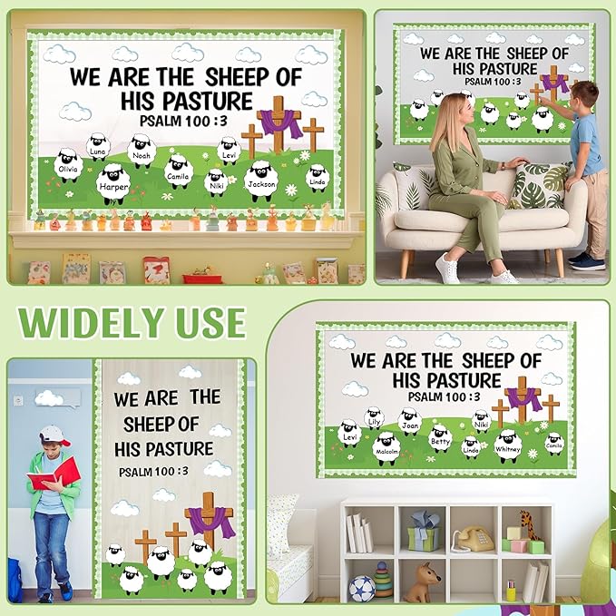 Christian Bulletin Board Set VBS 2026 Religious Jesus Classroom Decoration Sheep Bible Verse Paper Cutouts We are The Sheep of His Pasture Bulletin Board for Sunday School Church Chalkboard Wall Decor