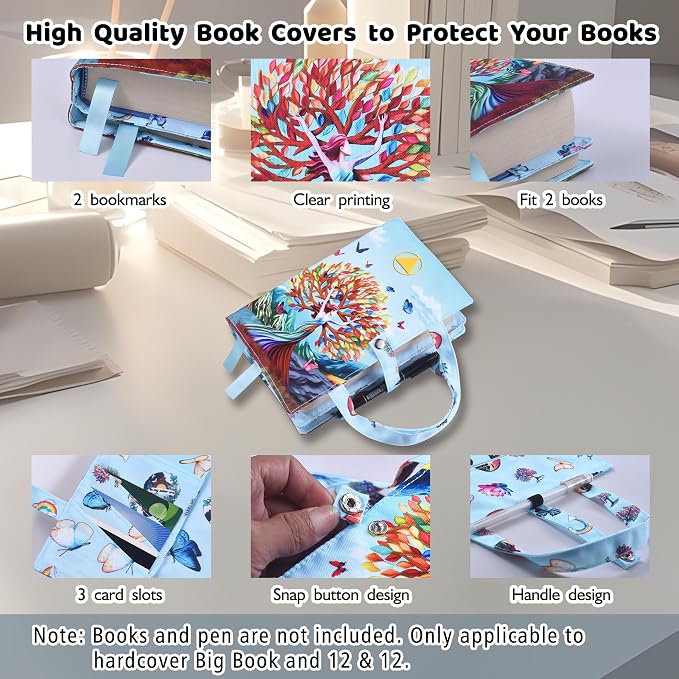 LParkin Soft Canvas AA Big Book Cover with Pockets for Women, Double AA Book Covers for Hardcover, Alcoholics Anonymous Gifts Fit AA Big Book Hardcover and 12 &12, Sober Design Women Tree of Life