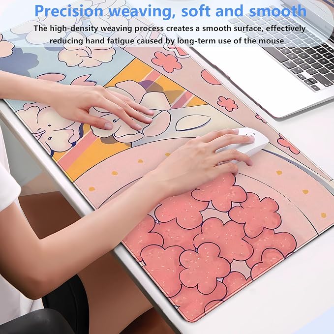 Pink Floral Mouse Pad XXL Cute Anime Gaming Desk Mat 31.5"x15.7", Thickened Rubber Base, Stitched Edge & Washable Design for Women, Office, Home