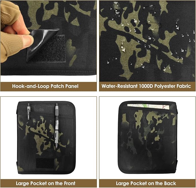 Tactical Notebook Cover, A5 Padfolio 6 Ring Binder with Big Back Pocket & Hand Strap, Zippered Hardcase Planner for Journal, College, Office, Field (Black Camo, A5(7.3 x 10 inches))