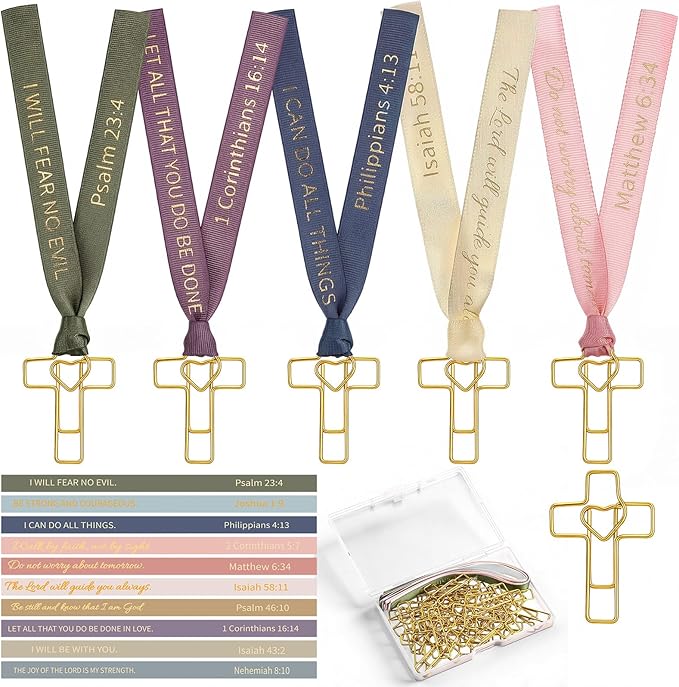 Resurhang 80 Pack Heart Cross Paper Clips with Ribbons 40 Gold Bible Paper Clips 40 Christian Bookmark Ribbons Bible Study Journaling Supplies Easter Eggs Fillers Women Christian Gifts