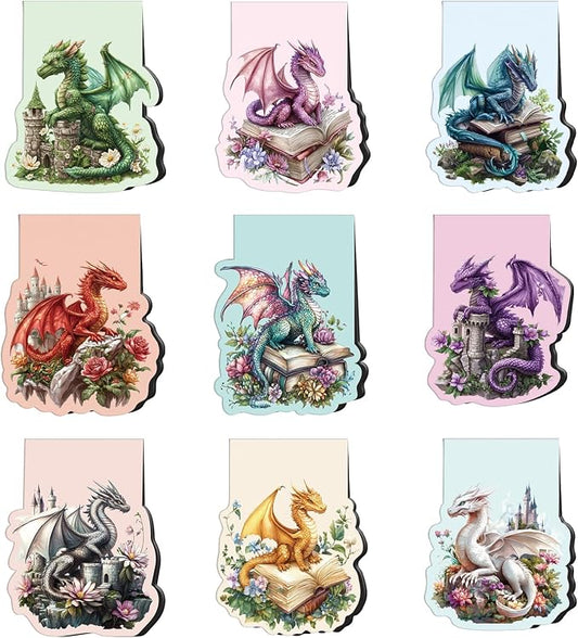 Fantasy Dragon Magnetic Bookmarks Gifts - Cosmisun 9 Pcs Dragon Flower Bookmark for Reader Cool Animal Book Marks Magnets Page Markers Clip Gifts for Women Men Student Teacher Book Lovers