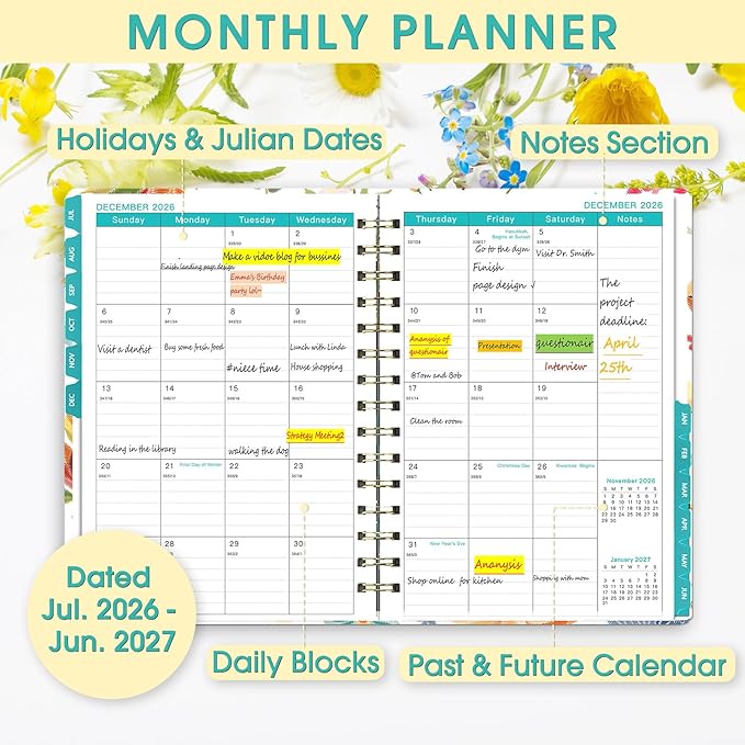 Planner 2026-2027, Academic Year Planner - Daily, Weekly & Monthly Calendar, Jul 2026 - Jun 2027, 6.3" x 8.5", Spiral Notebook with Tabs, Stickers & Inner Pocket, Ideal for School, Office, Home