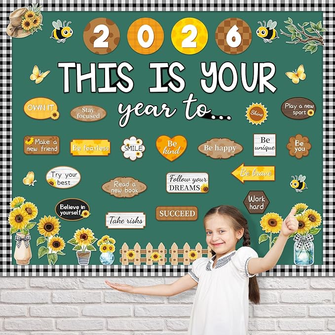Eaasty Sunflower This is Your Year to Bulletin Board Set Flower Fence Bee Cutouts Motivational Welcome Back to School Classroom Decor for School Office Chalkboard Door Wall Decor Supply