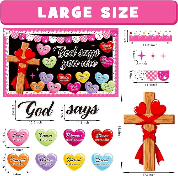 Valentine's Day Religious Bulletin Board Decoration Set, Valentines Day Christian Inspirational Classroom Decorations Love Hearts Cross Cutouts Church Library School Home Wall Door Decor for Teacher