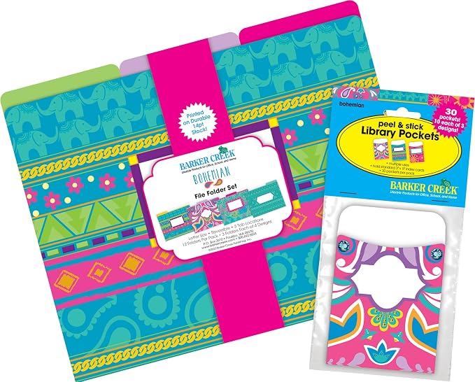 Barker Creek Designer File Folder and Library Pocket Set, Bohemian, 12 File Folders Printed on 14pt Stock and 30 Coordinating Peel & Stick Library Pockets, Home, School and Office Supplies (4410)