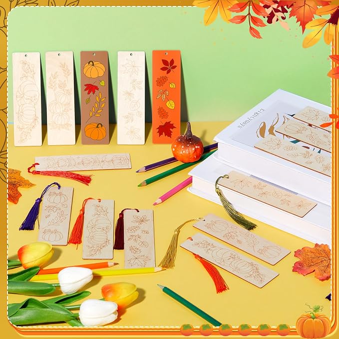 AmazingSpark 100 Pcs Fall Wood Bookmarks DIY Crafts Kit, 50 Set Color Your Own Blank Bookmarks with Tassel Autumn Leaves Pumpkins for Thanksgiving Art Reward