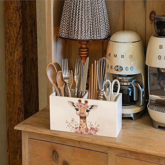Giraffe Flower Pen Pencil Holder for Desk Giraffe Gifts for Women, Cute Gifts for Women Teen Girls，Cottagecore Wooden Box Sign Decorations for Girls Room Bedroom Home Office Desk Tabletop