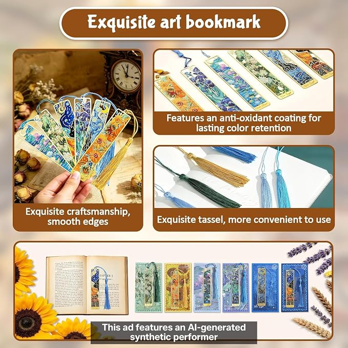 6-Pack Metal Bookmarks with Tassels, Golden Hollow-Out Oil Painting Theme Bookmarks | Book Markers for Reading, Gifts for Book Lovers, Writers, Readers, Adults, Teens & Women