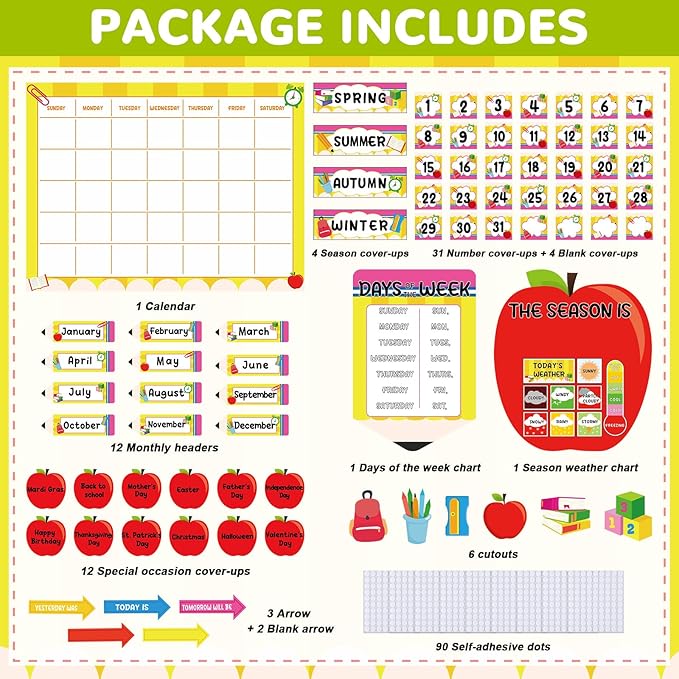 Back to School Calendar Bulletin Board Set for Classroom Decoration Colorful Pencil Apple Calendar Seasons Weather Chart Pencil CTP Bulletin Board Paper-Cuts for Teachers Elementary School Classroom