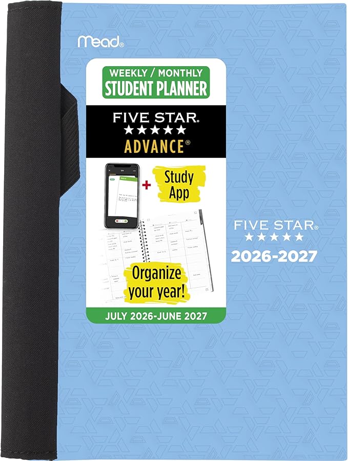 Five Star Planner 2026-2027 Weekly & Monthly Academic 12-Month July-June Advance Student Planner + Study App, 5-1/2" x 8-1/2", Blue (CAW45920)