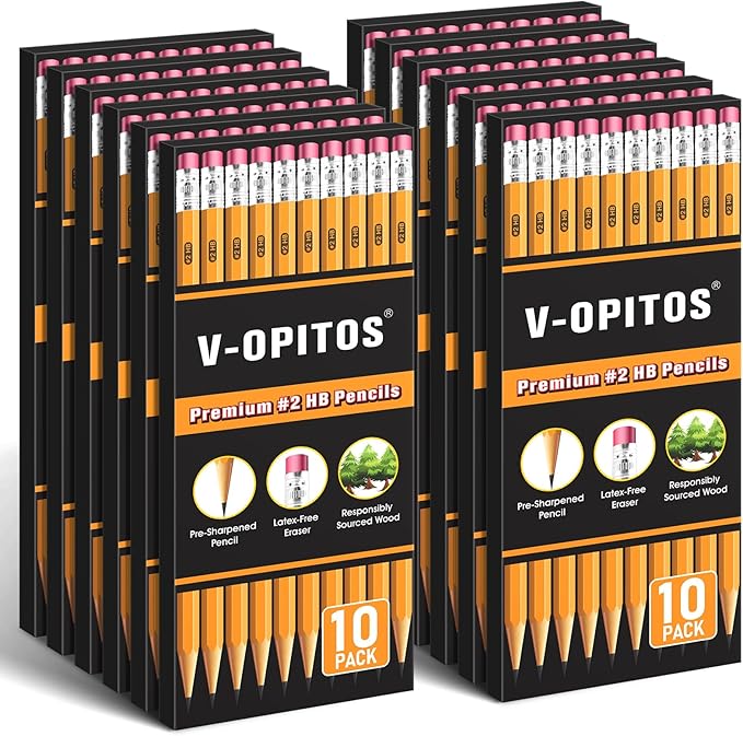 V-Opitos Wood-Cased #2 HB Pencils, 120 Pack Bulk Pre-Sharpened Pencils with Top Erasers for School Teacher Supplies, Writing, Drawing and Sketching