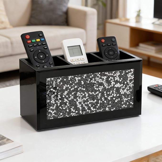 SHYFOY Remote Control Holder, 3 Compartments Glass TV Remoter Caddy Crushed Diamond Desktop Organizer Makeup Brush Holder Storage Fits TV Remotes, Media Controllers, Office Supplies(Black)