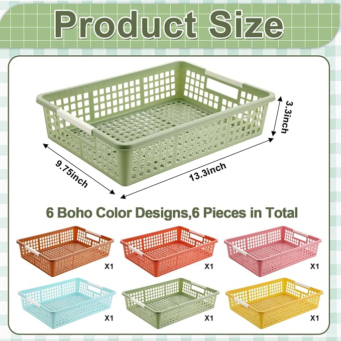 6 PCS Plastic Classroom Turn in Paper Trays Storage Bin Basket Organizers Holds 4A Paper File for School Teacher Supplies Classroom Office Home Organization and Storage Tray (Boho)