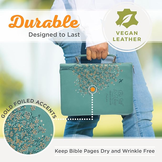 Christian Art Gifts Fashion Vegan Leather Bible Cover for Women: Be Still & Know Inspirational Bible Verse, Teal Floral, Medium
