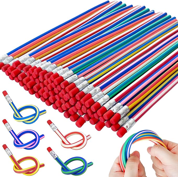 100 Pack Flexible Bendy Pencil,Stripe Rubber Pencil with Erasers,Colorful Bendable Soft Pencils for Classroom Gifts,Goodie Bag Fillers
