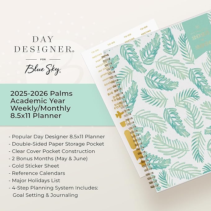 Blue Sky Day Designer 2025-2026 Weekly and Monthly Academic Year Planner Calendar, July 2025 - June 2026, 8.5" x 11", Flexible Cover, Laminated Tabs, Storage Pocket, Includes Stickers, Palms