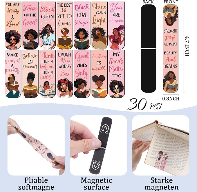Black Girl Magnetic Bookmark - 12 PCs Inspirational Book Marks for Women Bulk Unique Aesthetic Page Markers Bookish Gifts Reading Lovers Readers Student Teacher Birthday School Accessories