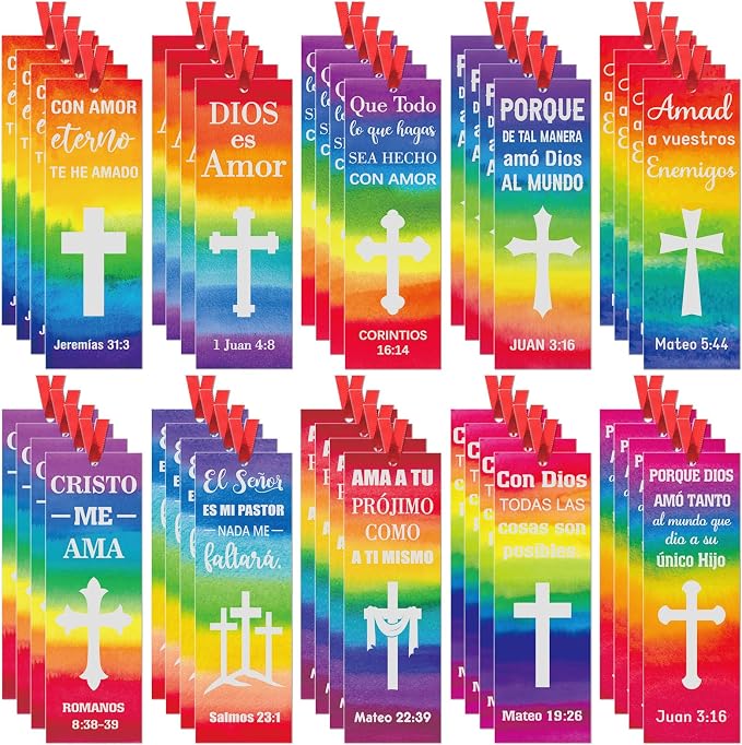 Cholemy 200 Pcs Spanish Christian Bookmark with Bible Verse Religious Inspirational Paper Cristo Me AMA Bookmarks Bulk Jesus Loves Me Party Favors for Kids Sunday School Classroom Church Gift