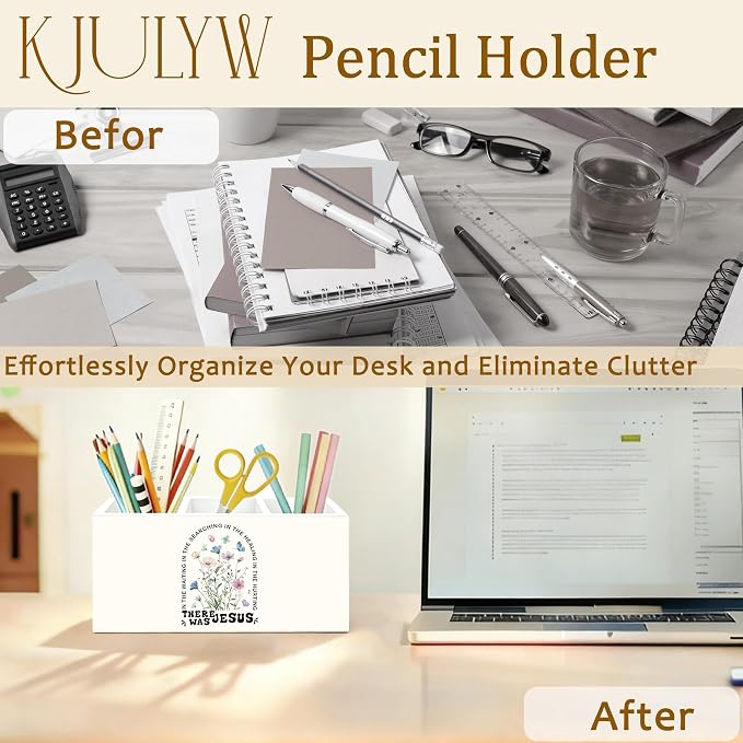 Christian Floral Pen Holder for Desk, Faith Based Gifts for Women, Jesus Bible Verse Wooden Box Pencil Pen Holder Organizer for Home Office Desk Accessories