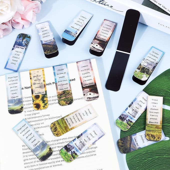 Wxiben Spanish Christian Magnetic Bookmark - 30PCS Bible Verse Magnetic Bookmarks Scripture Scenery Book Marks Inspirational Religious Book Mark Magnets Page Marker Clip for Students Teacher Reading
