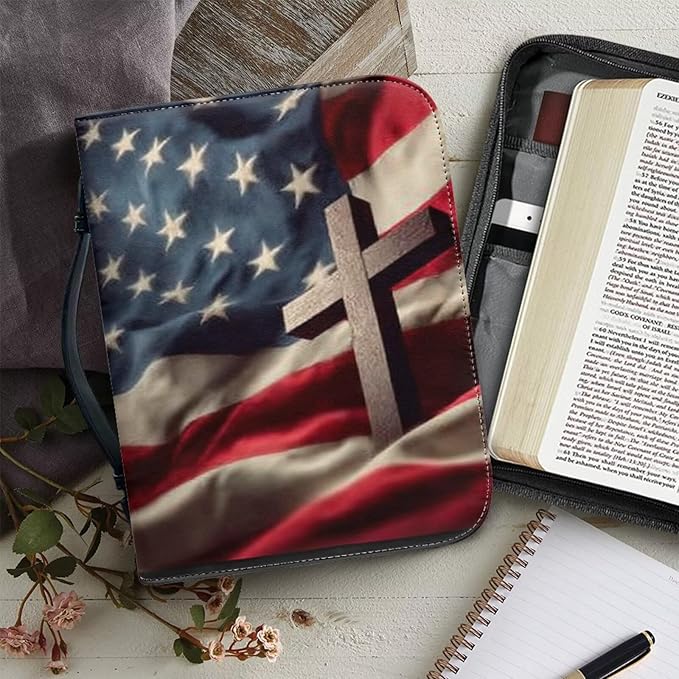 Small Bible Cover Case for Women Men American Flag and Cross PU Leather Bible Case with Bookmark Church Bag Book Carrying Case Bible Cover for Women Men Bible Case for Men Women