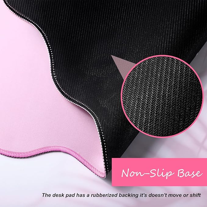 Hahafelt Scalloped Desk Mat Large Desk Pad Cute Coquette Table Mat Back to School Preppy Table Make up Pad Nonslip Graduation Gift with Stitching Waterproof Gaming(Pink,31.5 x 15.8 Inches)