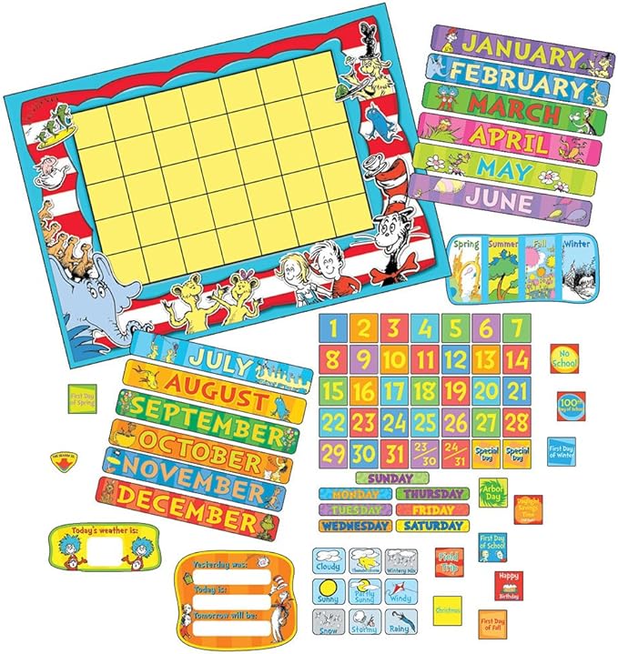 Eureka Classroom Supplies Back to School Dr. Seuss Teacher Calendar Bulletin Board Set, 122 pcs